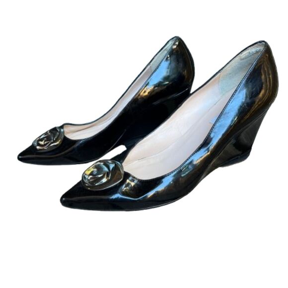 L.K. Bennett Womens Black Patent Leather Wedge Pointed Toe Pumps Size 8.5 /  39 - Picture 1 of 8
